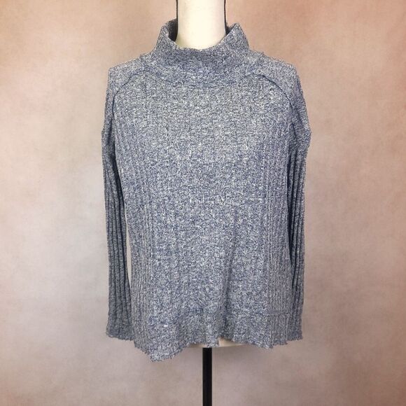 Free People Clarissa Oversized Mock Neck Sweater High Low Heathered Blue Gray XS - Picture 2 of 10